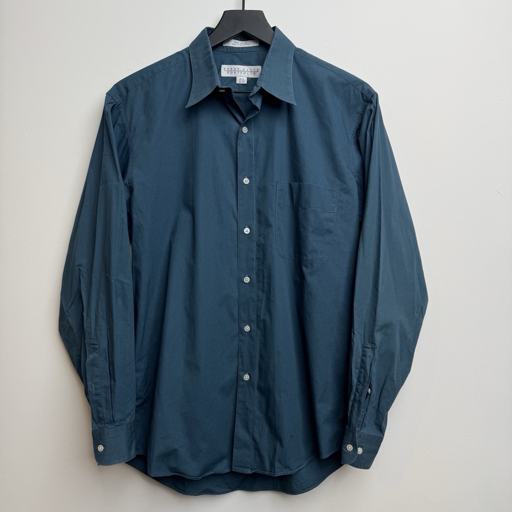 Perry Ellis Portfolio Blue Green 15 1/2 32/33 Dress Shirt Cotton Button Down Men